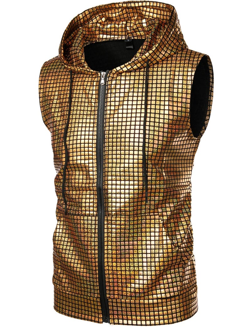 ZEROYAA Mens Hipster Metallic Sequins Zip Up Sleeveless Hooded Vest T Shirt with Kangaroo Pocket ZLSV17 Gold Large - Image 3